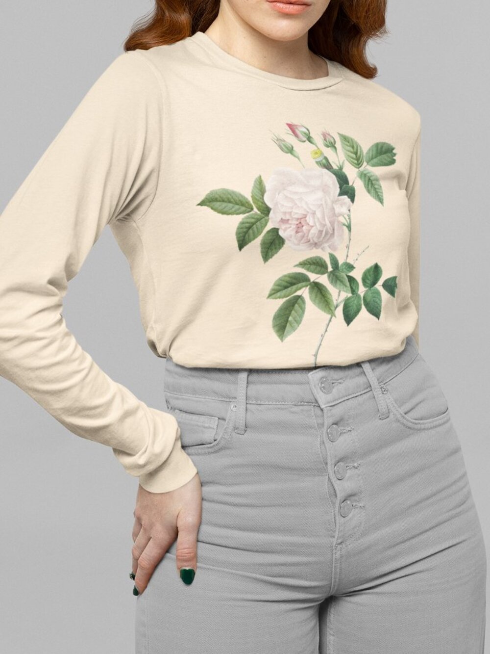 White Rose Vintage Floral Print Long Sleeve Graphic Tee T-shirt S-XXL